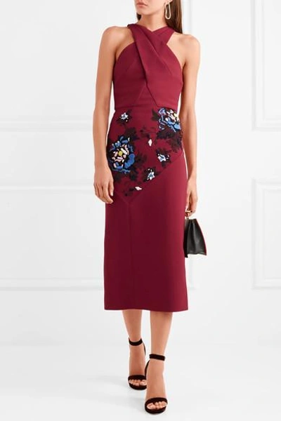 Shop Roland Mouret Maxton Embroidered Stretch-crepe Midi Dress