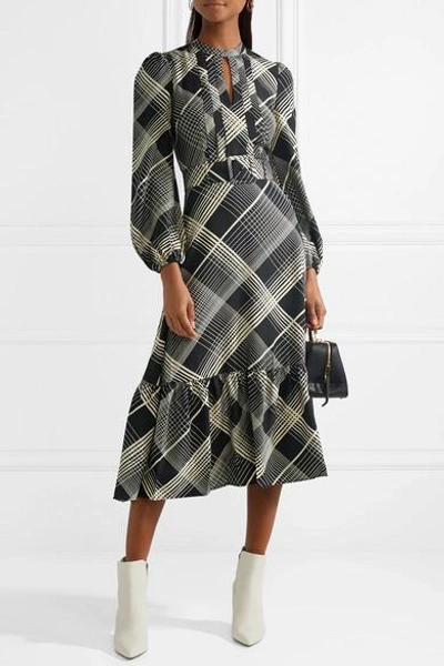 Shop Co Pintucked Checked Hammered Silk-satin Midi Dress In Black