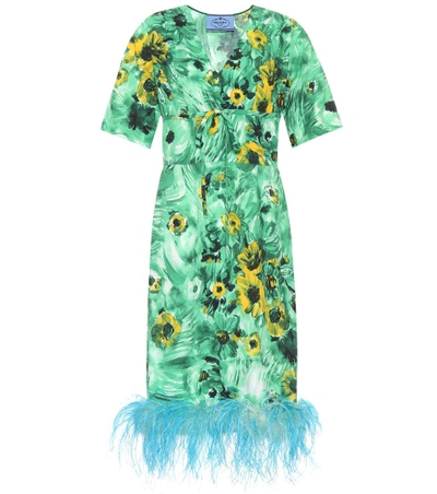 Prada Feather-trimmed Printed Dress In Green