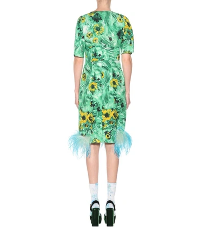 Shop Prada Feather-trimmed Printed Dress In Green