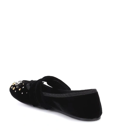 Shop Prada Embellished Velvet Ballerinas In Black