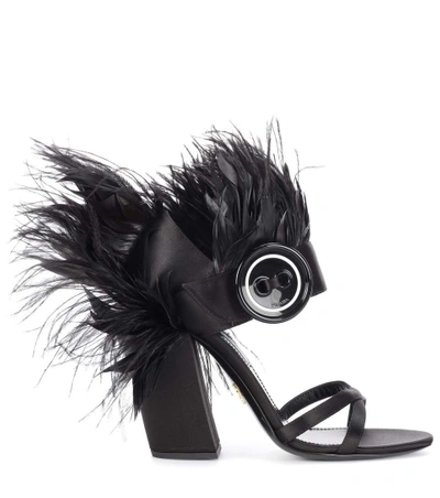 Shop Prada Feather-trimmed Satin Sandals In Eero