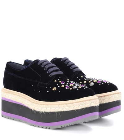 Prada Velvet Embellished Platform Trainers In Navy