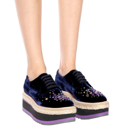 Shop Prada Platform Velvet Derby Shoes In Blue