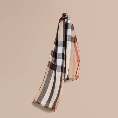 Shop Burberry Lightweight Check Linen Scarf In Camel