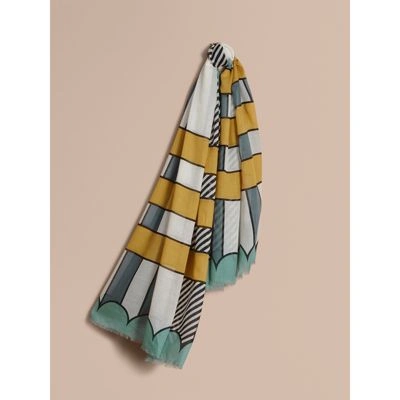 Burberry Striped Exaggerated Check Cashmere Silk Scarf In Light Mint