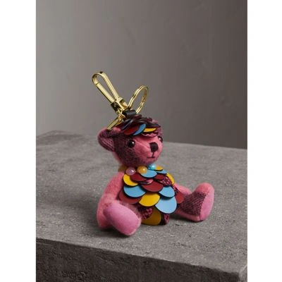 Burberry Thomas Bear Charm In Check Cashmere With Beasts Detail In Pink & Purple