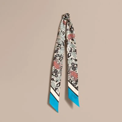 Burberry Beasts Print Silk Slim Scarf In Pale Blue Carbon