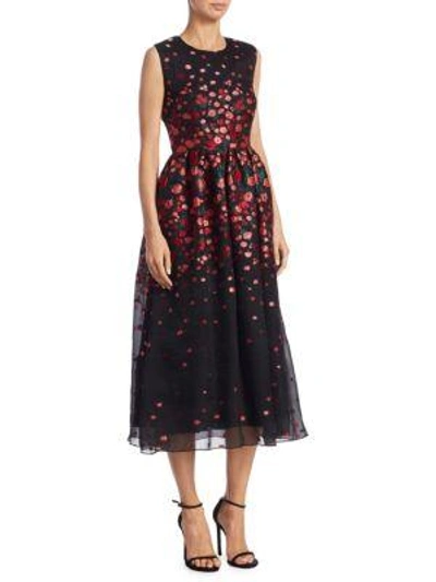 Lela Rose Floral Embroidered Silk Dress In Peony-black