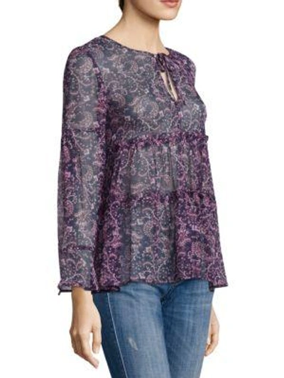 Shop Joie Shawni Floral Silk Long-sleeve Blouse In Purple