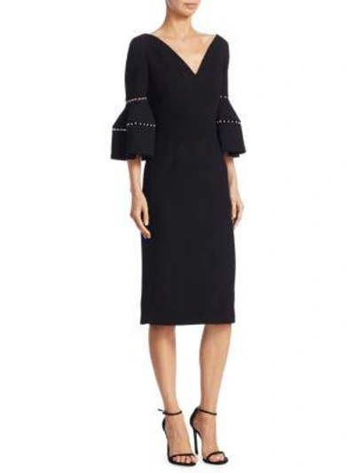 Shop Lela Rose Faux Pearl-trimmed Bell-sleeve Dress In Black