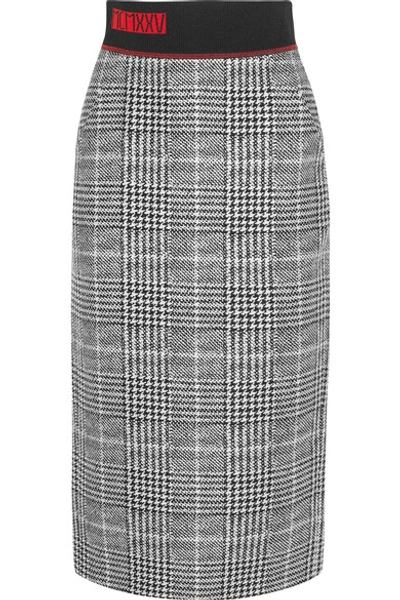 Shop Fendi Jersey-trimmed Checked Wool And Silk-blend Midi Skirt In Gray