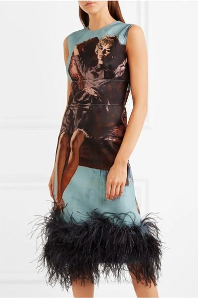 Shop Prada Feather-trimmed Printed Wool And Silk-blend Dress In Blue