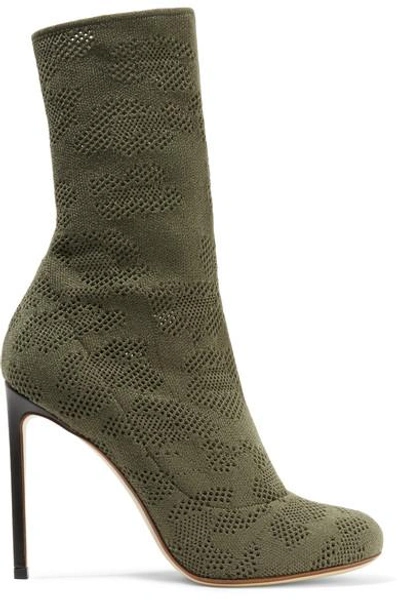 Shop Francesco Russo Leather-trimmed Open-knit Boots In Army Green