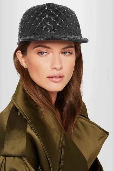 Shop Valentino The Rockstud Quilted Glossed Textured-leather Baseball Cap