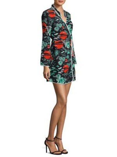 Iris Green Oriental Sky Mini Wrap Dress With Kimono Sleeve In Multi