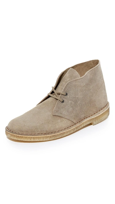 Shop Clarks Distressed Suede Desert Boots In Taupe