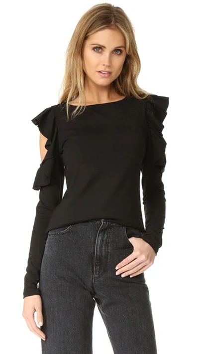 Susana Monaco Ruffle Cold Shoulder Top In Black