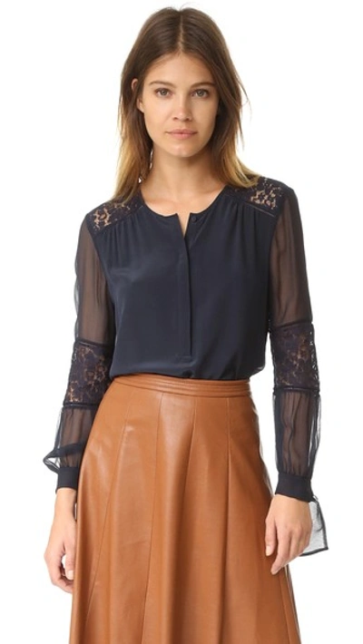 Rebecca Taylor Sarah Lace Paneled Silk Blouse In Black