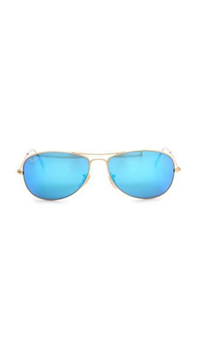 Shop Ray Ban Mirrored Shrunken Aviator Sunglasses In Matte Gold/ Grey Blue Mirror