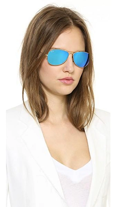 Shop Ray Ban Mirrored Shrunken Aviator Sunglasses In Matte Gold/ Grey Blue Mirror