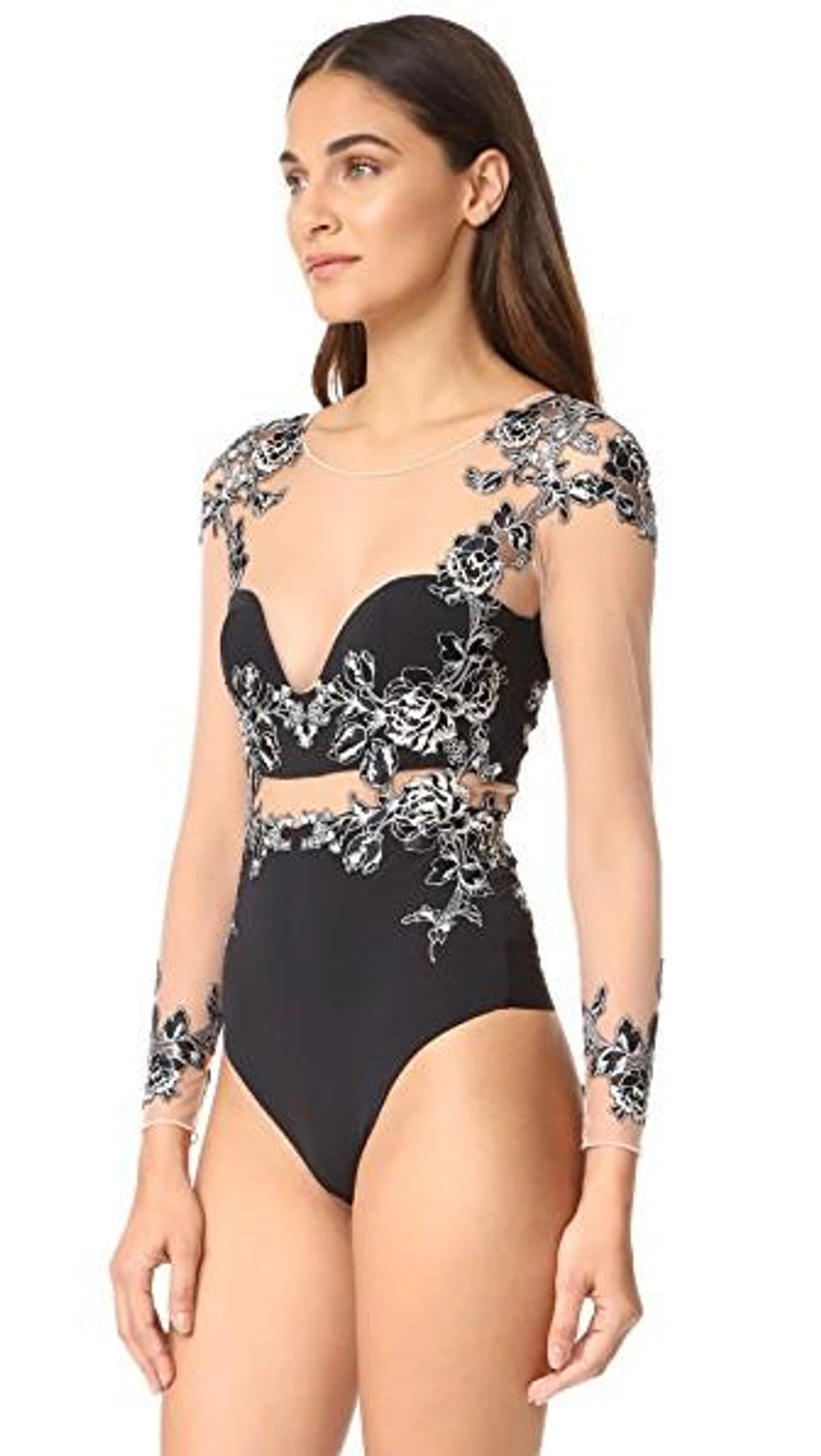 La Perla Peony Floral embroidered Long sleeve Bodysuit Black ModeSens