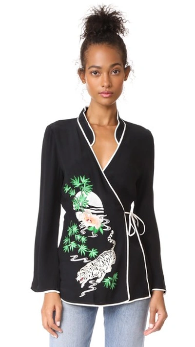 Rixo London Embroidered Crepe De Chine Wrap Top In Black With Embroidery