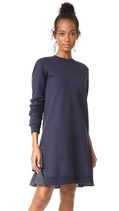 Shop Clu Too Polka Dot Ruffled Sweatshirt Dress In Navy