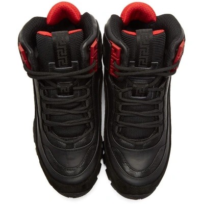 Shop Versace Black & Red Greek Key Formal High-top Sneakers