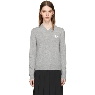 Shop Comme Des Garçons Play Grey And White Heart Patch V-neck Sweater