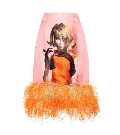Shop Prada Feather-trimmed Wool And Silk Skirt In Pink