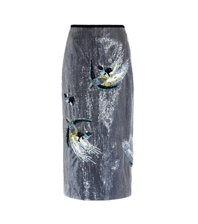 Erdem Sacha Bird Sequined Midi Skirt, Blue In Llue