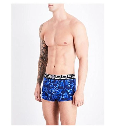 Shop Versace Baroque Low Rise Stretch-jersey Trunks In Navy Bluette