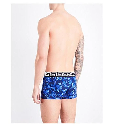Shop Versace Baroque Low Rise Stretch-jersey Trunks In Navy Bluette