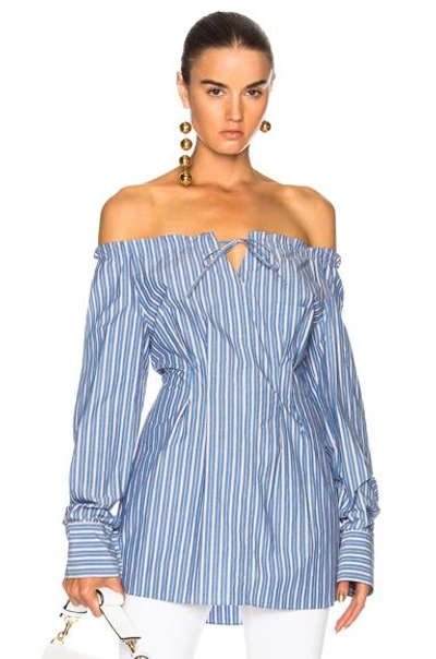 Shop Tibi Striped Off Shoulder Top In Blue In Blue,pink,stripes