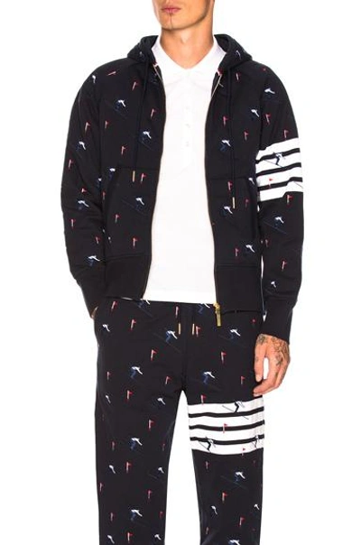 Shop Thom Browne Quilted Loopback Zip Up Hoodie With Skier Embroidery In Navy