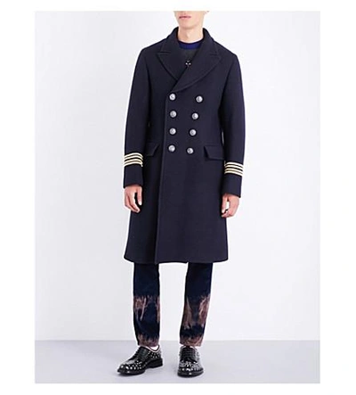 Shop Gucci Embroidered Wool Coat In Navy