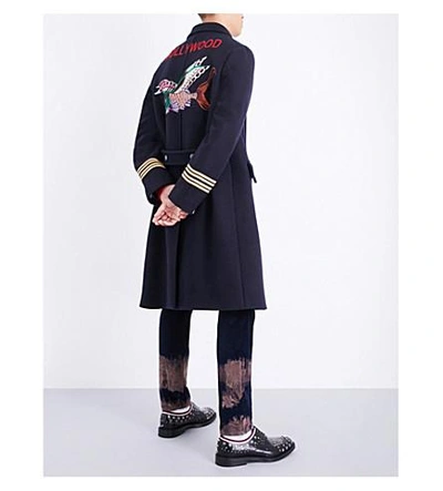 Shop Gucci Embroidered Wool Coat In Navy