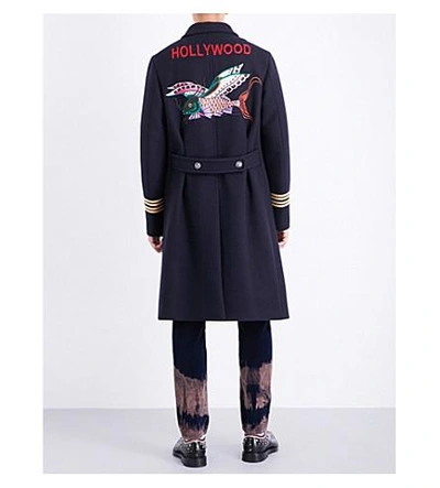 Shop Gucci Embroidered Wool Coat In Navy
