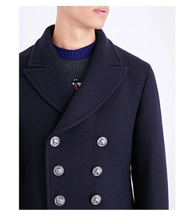 Shop Gucci Embroidered Wool Coat In Navy