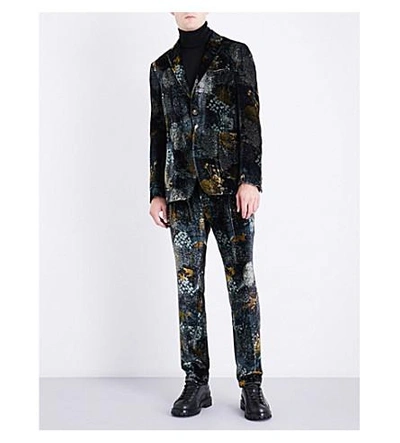 Shop Etro Forest-patterned Regular-fit Velvet Jacket In Dark Green