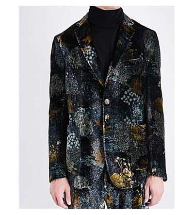 Shop Etro Forest-patterned Regular-fit Velvet Jacket In Dark Green