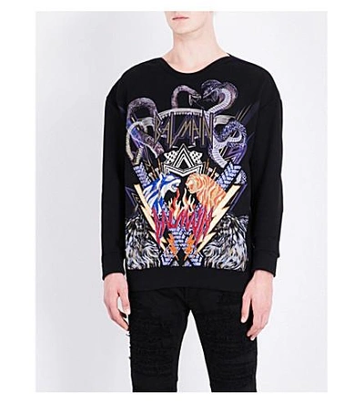Shop Balmain Animal And Logo-embroidered Cotton-jersey Sweatshirt In Black