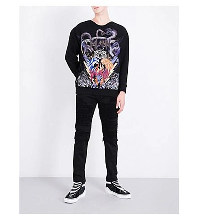 Shop Balmain Animal And Logo-embroidered Cotton-jersey Sweatshirt In Black