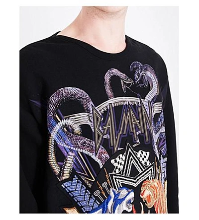 Shop Balmain Animal And Logo-embroidered Cotton-jersey Sweatshirt In Black