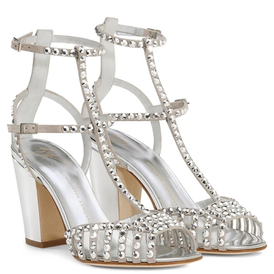 Shop Giuseppe Zanotti - Silver Suede Sandal With Crystals Angie