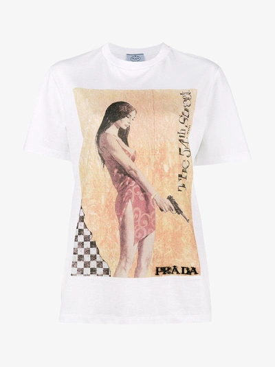 Shop Prada Pin-up Print Beaded T-shirt In White