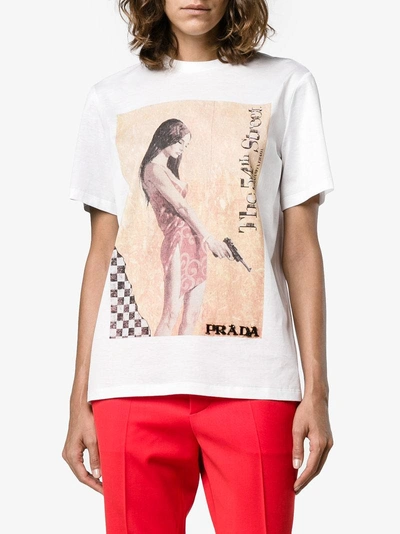 Shop Prada Pin-up Print Beaded T-shirt In White