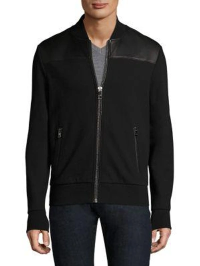 Michael Kors French Terry Bomber Jacket With Leather Trim In Black