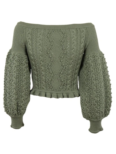 Shop Valentino Aran Knit Off-shoulder Sweater In Green